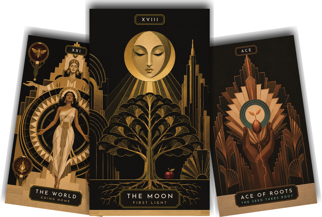 Three cards from the Mormon Women Tarot: The World, The Moon, and the Ace of Roots