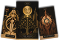 Three cards from the Mormon Women Tarot: The World, The Moon, and the Ace of Roots