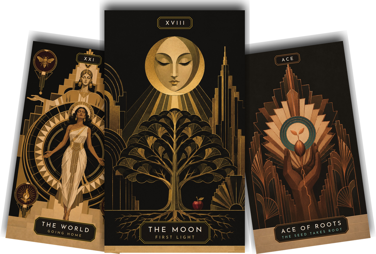 Three cards from the Mormon Women Tarot: The World, The Moon, and the Ace of Roots